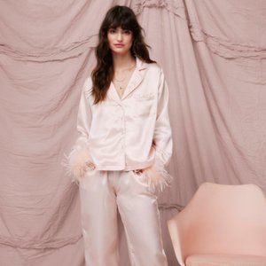 Nasty Gal Satin Feather Pajama Shirt And Pants Set